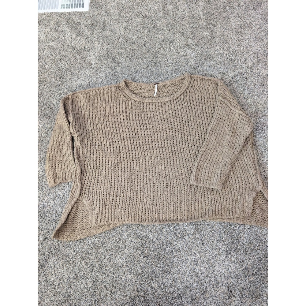Free People Oversized Chunky Ribbed Knit Sweater Taupe XS Slouchy Boat Neck